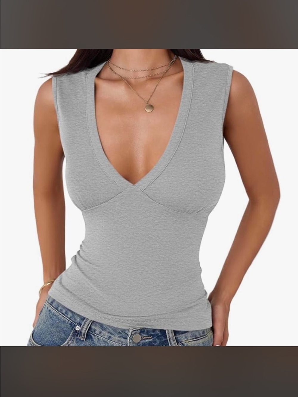 Gray V-neck Tank Top